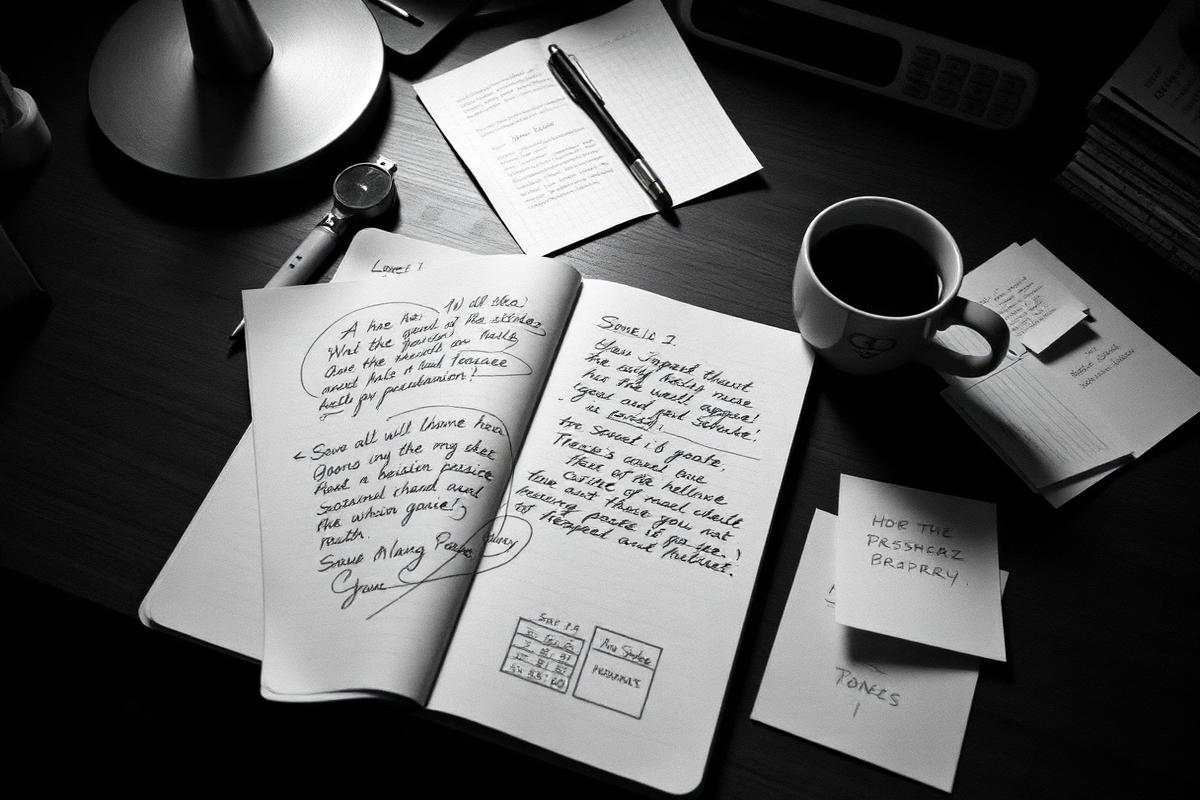 Cuaderno de investigación con anotaciones a mano sobre una mesa